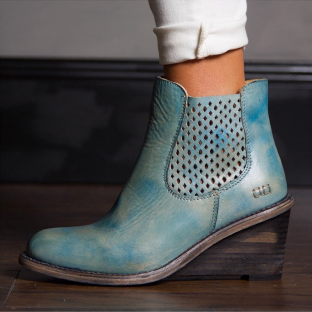 Bed Stu Teal Distressed Leather Perforated Wedge Ankle Boots